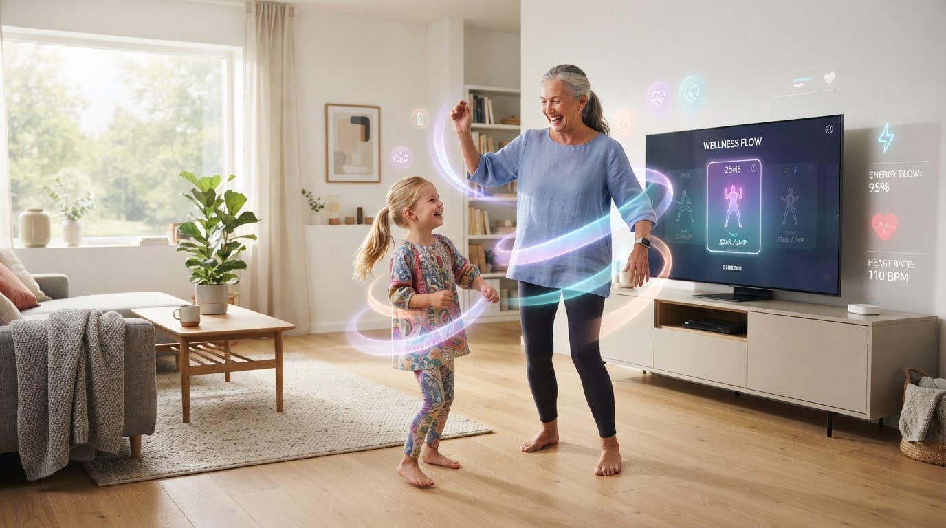 Scandinavian grandmother and grandchild dancing with pastel aurora trails