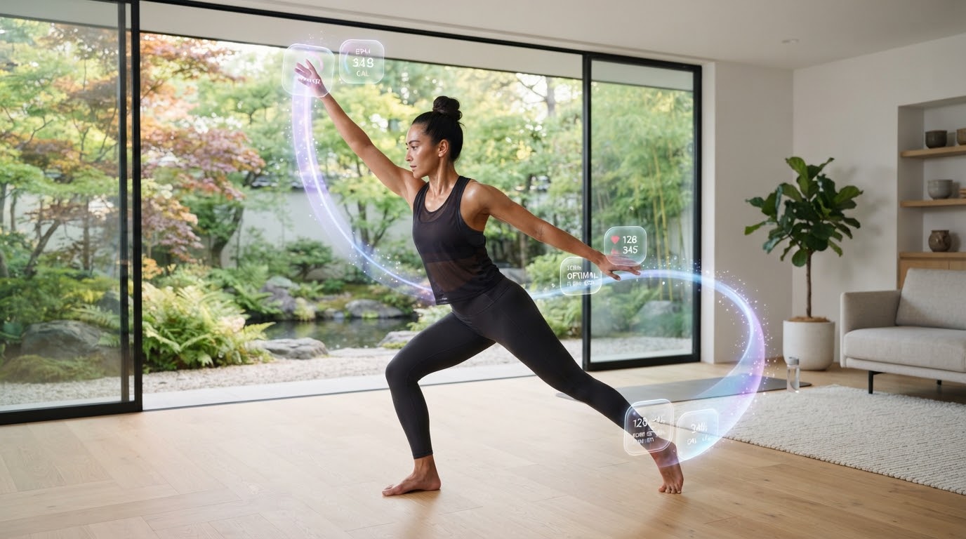 Athletic adult moving gracefully in minimalist garden-view room with floating glass metrics