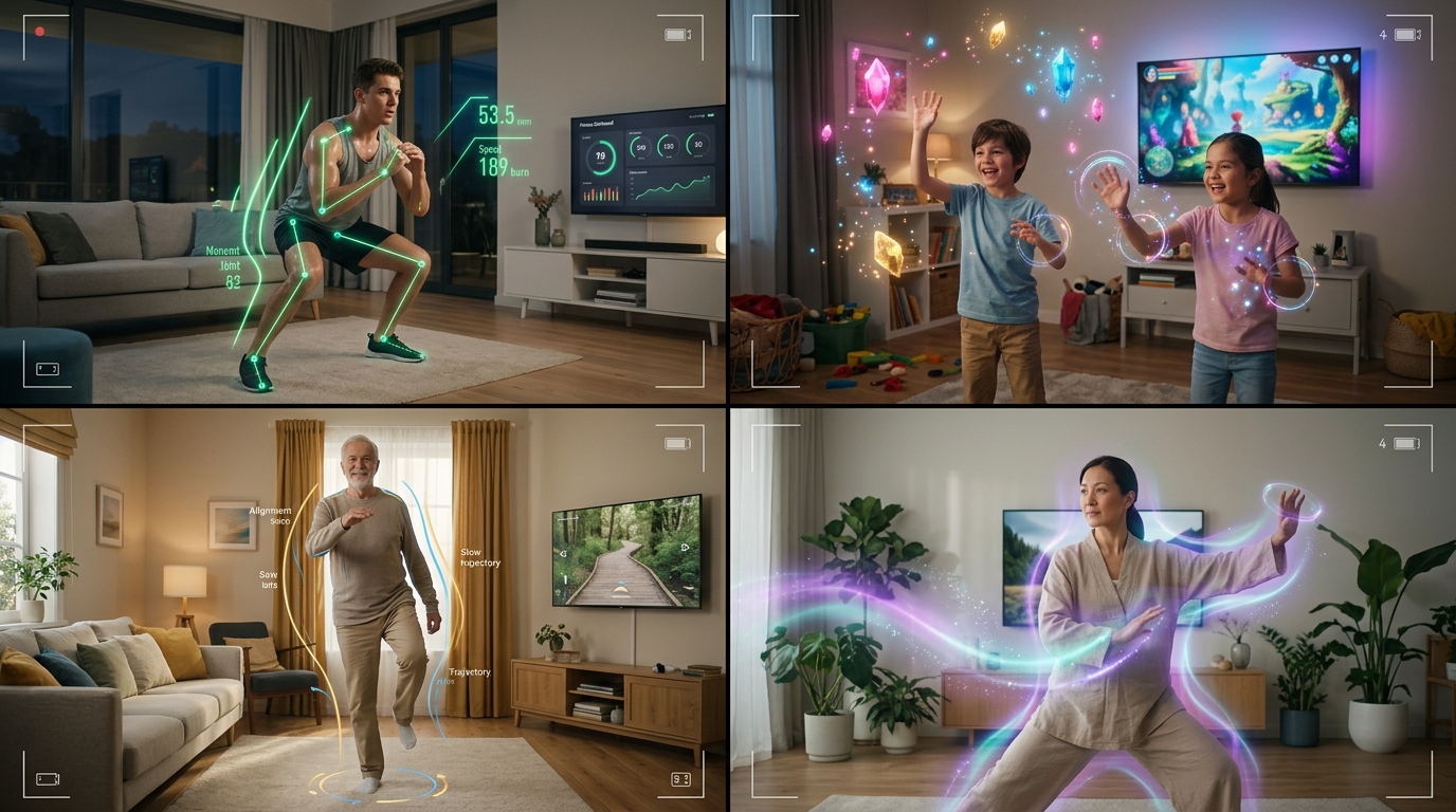 4-Panel multi generation comparison: workout, kids gaming, senior mobility, and zen meditation